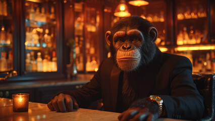 Chimpanzee in a bar with a thoughtful expression