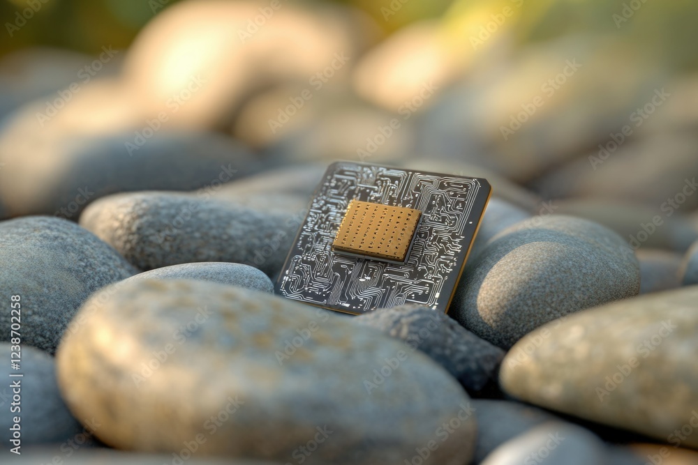 Aufkleber a microchip rests on smooth river rocks, symbolizing the intersection of nature and technology.