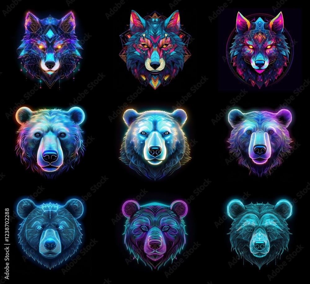 Poster nine vibrant animal portraits: wolves and bears rendered in glowing, geometric styles. each displays