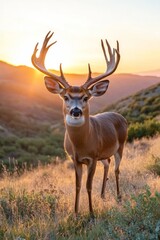Naklejka premium A buck with impressive antlers stands proudly in a field of golden grass, bathed in warm sunset light. The rugged mountains loom in the background