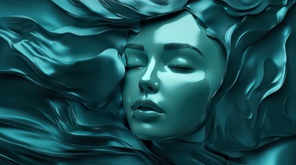 Smooth 3D woman face with gently undulating dark waves, against a cool metallic teal background, creating a modern beauty and cosmetic vibe.