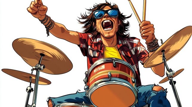 Energetic Cartoon Drummer Performing with Passion and Energy