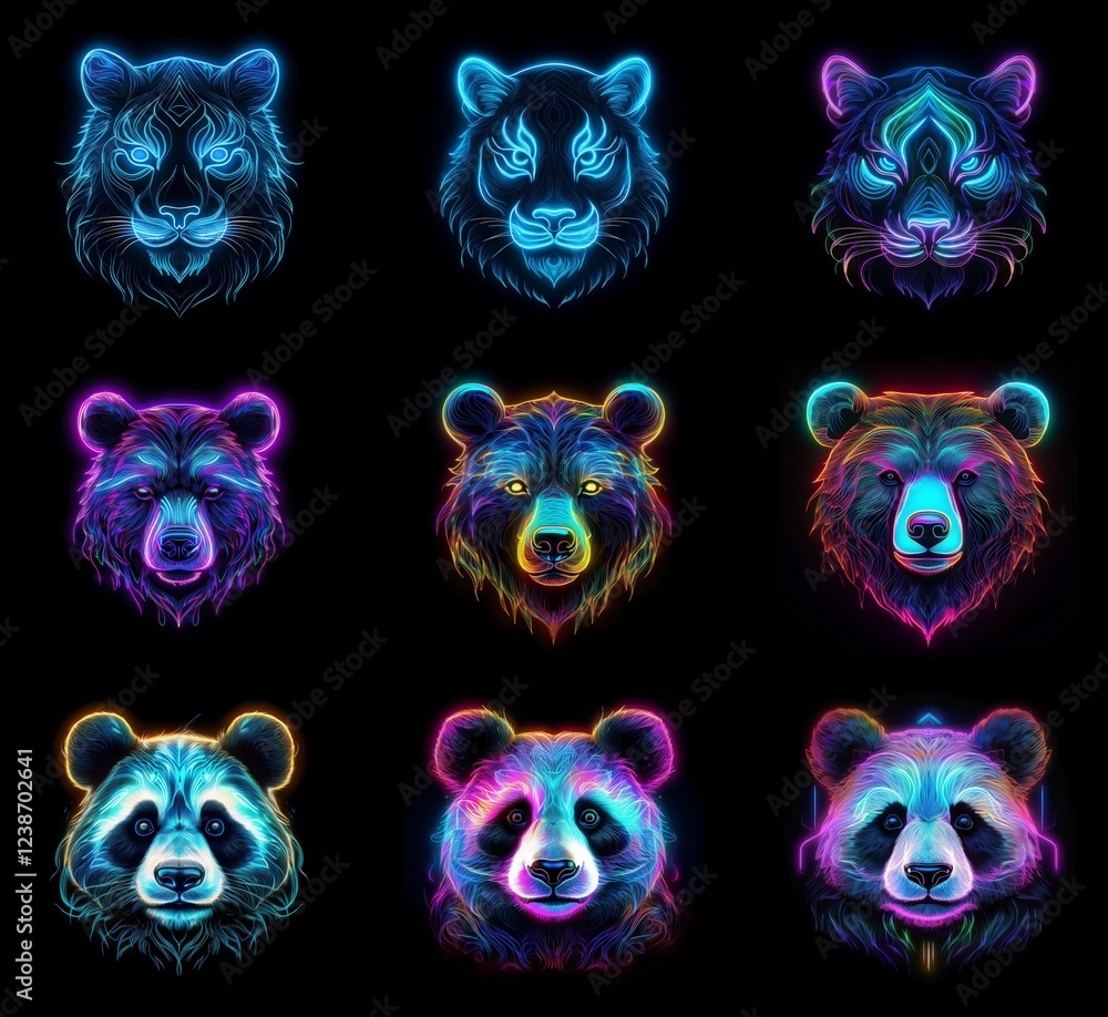 Poster nine vibrant, neon animal portraits: tigers and pandas. each head is uniquely colored with glowing l