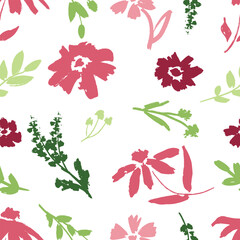 Fototapeta premium Seamless pattern with abstract spring flowers with branches with leaves in brush stroke texture isolated on white background. Hand drawn vector sketch illustration in vintage charcoal ink style