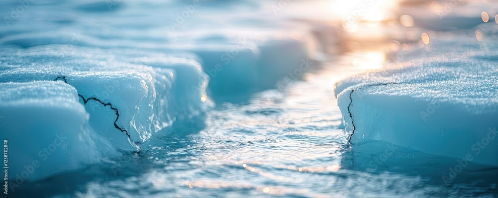 Poster ice melting climate change idea. melting ice formations creating a serene waterway under soft sunlig