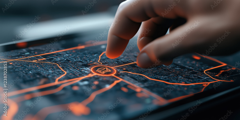 Poster interactive touchscreen with glowing interface and hand gesture