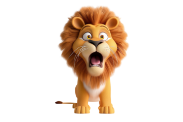 Surprised cartoon lion with open mouth and wide eyes close-up on white background