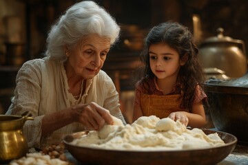 A heartwarming moment between a grandmother and her granddaughter as they carefully prepare marigold flower offerings.