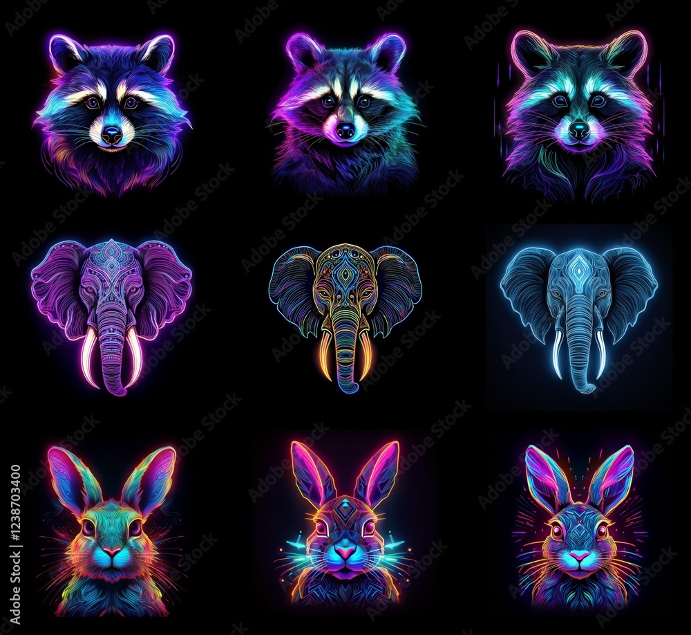 Poster nine vibrant neon animal portraits: raccoons, elephants, and rabbits. each creature is depicted in t