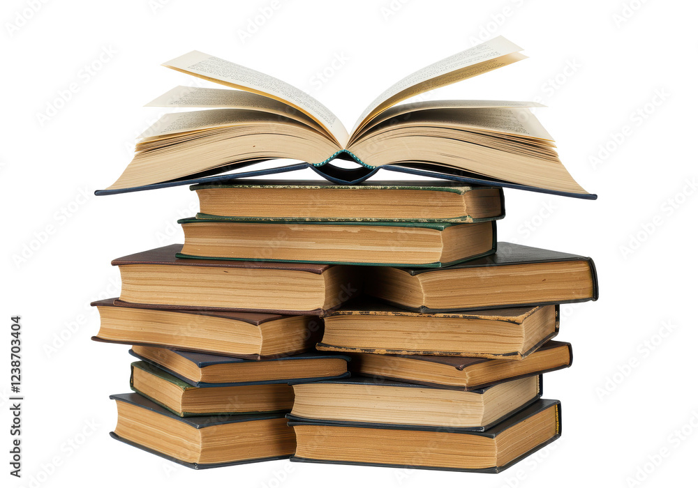 Poster stack of books with one open on top, isolated on white background