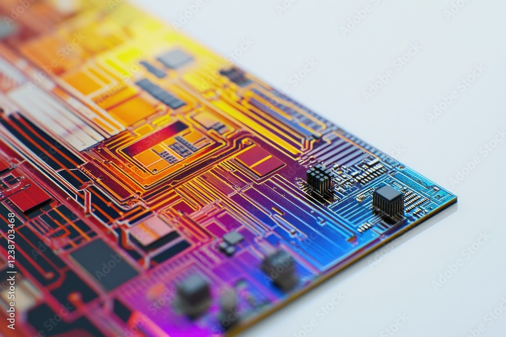 Poster close-up of a vibrant, multicolored circuit board showcasing intricate electronic components and pat