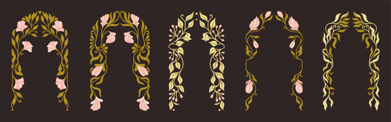 Art Nouveau floral frames, corners, and borders. Vintage elements. Vector.	
