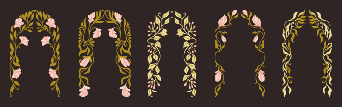 Art Nouveau floral frames, corners, and borders. Vintage elements. Vector.	
