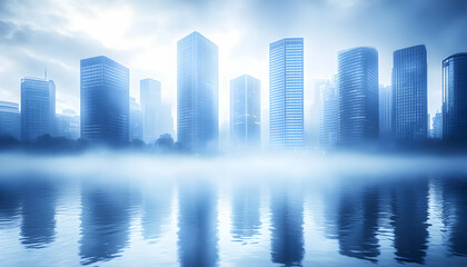 Fototapeta premium Serene cityscape reflected in still water, shrouded in morning mist; modern architecture, urban tranquility.