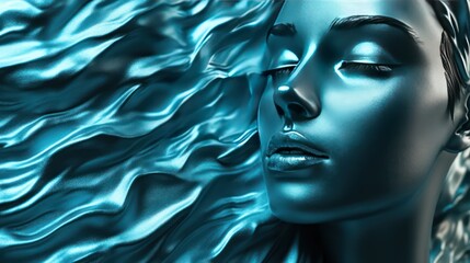 Smooth 3D woman face with gently undulating dark waves, against a cool metallic teal background, creating a modern beauty and cosmetic vibe.