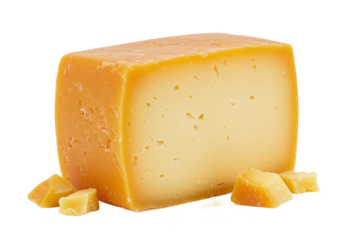 Block of aged cheese with crumbled pieces isolated on white background