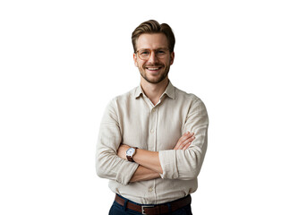 Fototapeta premium Portrait of happy fashionable handsome man in jeans shirt and glasses crossing hands and smiling, isolated