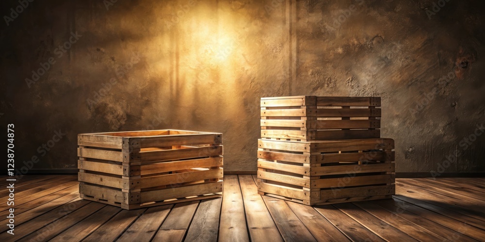 Aufkleber Rustic wooden crates on a dark wooden floor against a textured wall, creating a warm and inviting atmosphere.