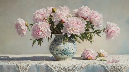 Soft pink peonies in full bloom, arranged in a delicate lace-lined vase.