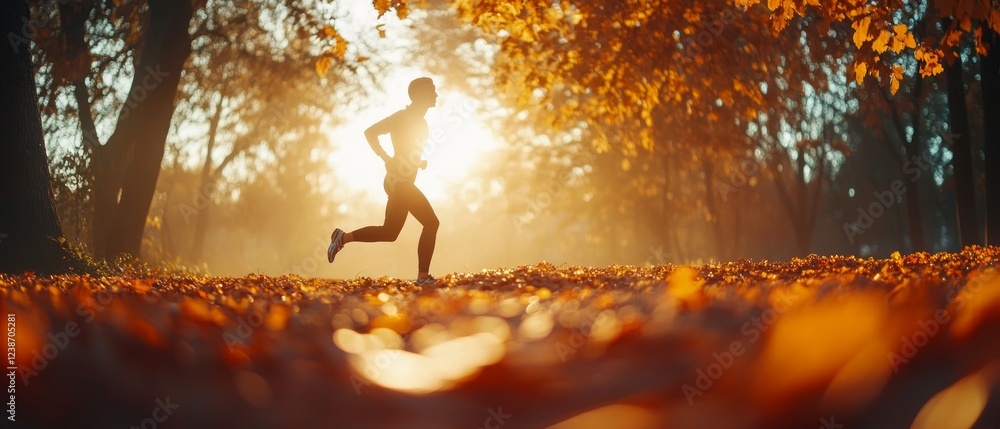 Poster a runner moves swiftly through a park filled with golden autumn leaves as sunlight filters through t