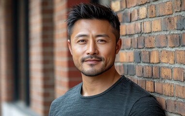 A man with a beard and a black shirt is standing in front of a brick wall