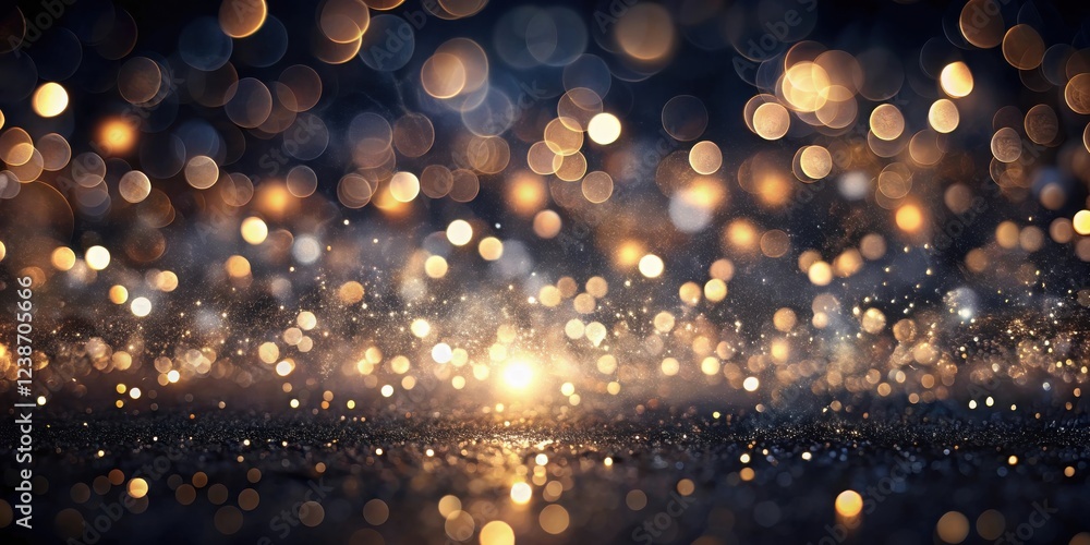 Poster dark sparkle background golden and blue bokeh lights on a glittering surface