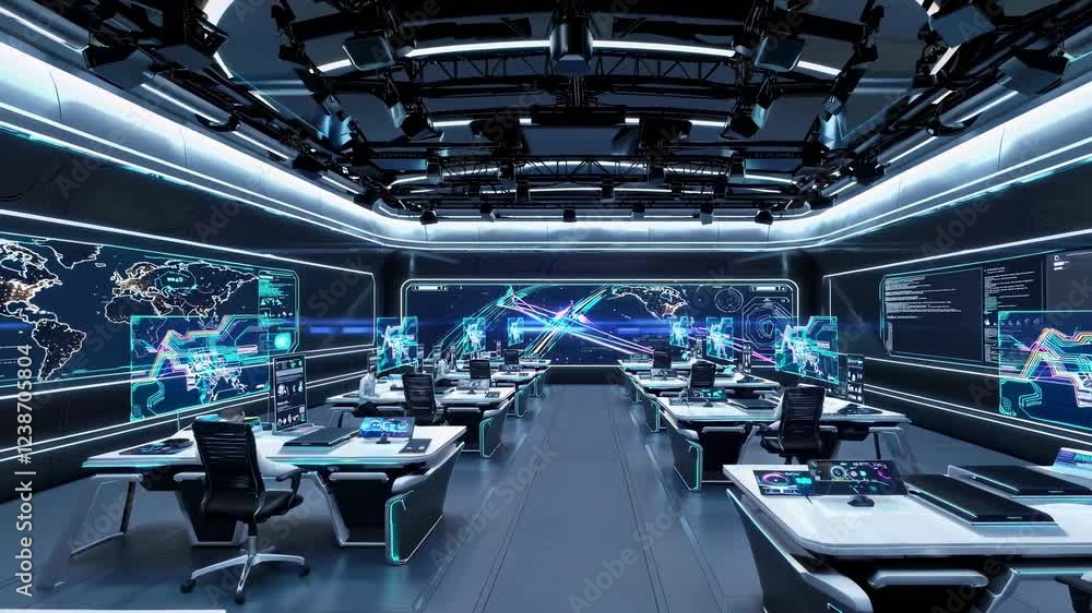 Poster high-tech control room showcases advanced technology for global monitoring and operations