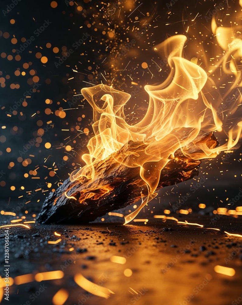 Poster golden yellow with dynamic spark trails and glowing warmth abstract flame ember sparks concept backg