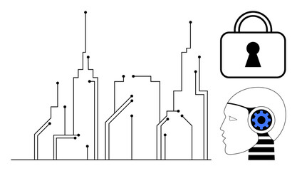 Futuristic smart city with circuit buildings, AI tech head with blue gear thinking, padlock for data security. Ideal for smart city projects, IoT, AI technology, cybersecurity, digital