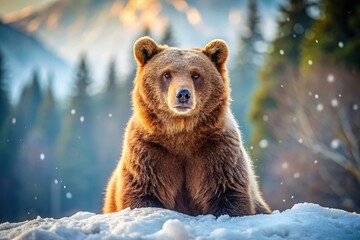 Obraz premium Brown bear in spring snow, blurred background, nature.