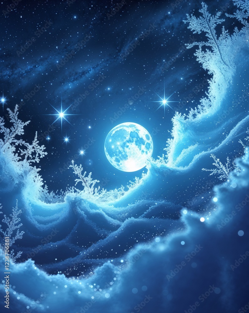 Poster ice blue with frosty moon glow and soft celestial sparkles abstract background