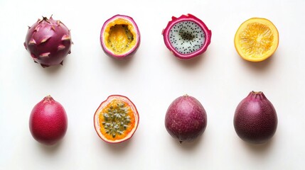 Colorful flat lay of exotic tropical fruits kitchen table food photography bright environment top-down view healthy living