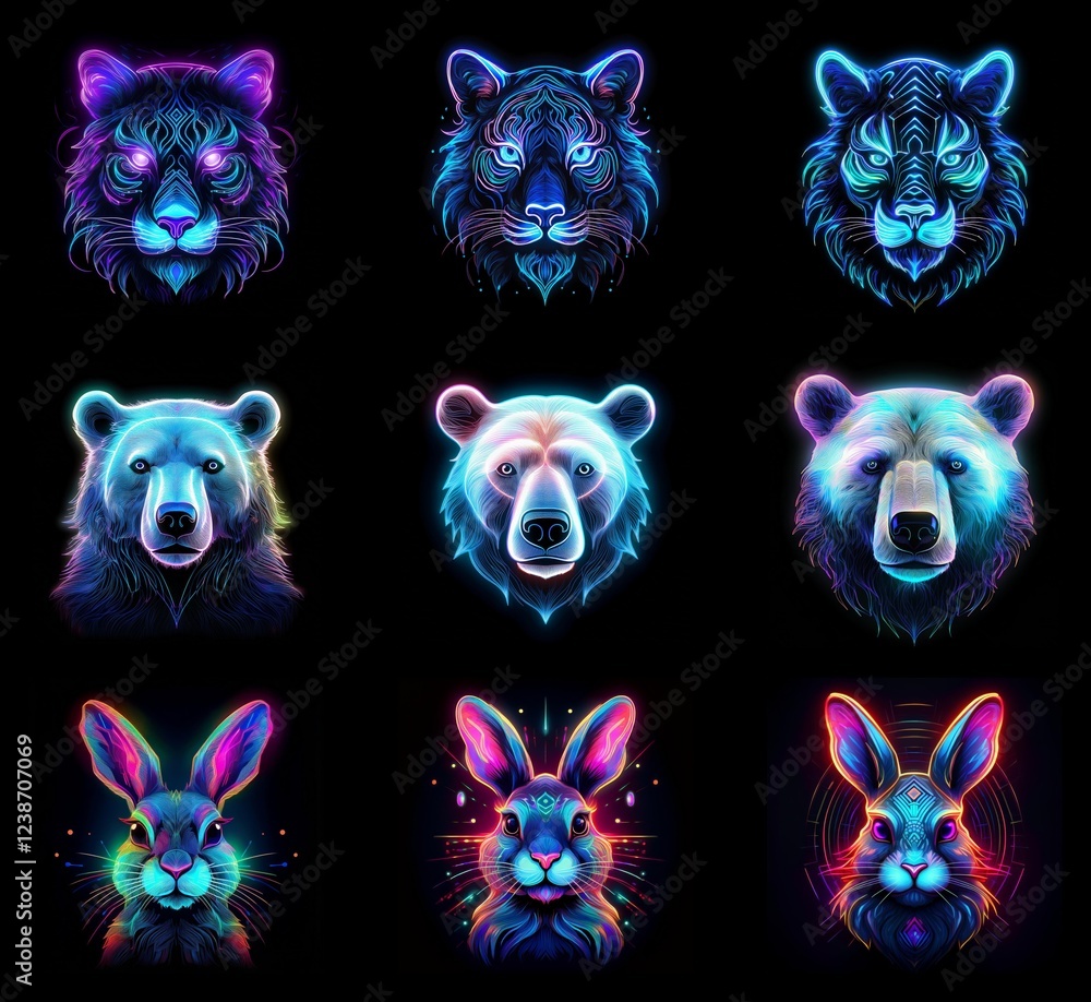 Poster nine vibrant animal portraits glow with neon colors against a black background. each animal tigers a