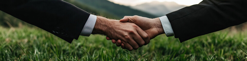 Handshake Over Grassy Field and Mountains