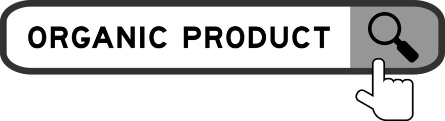 Search banner in word organic product with hand over magnifier icon on white background