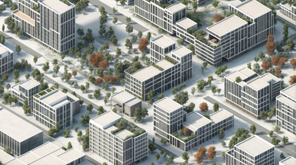 Futuristic Sustainable Cityscape with Modern Architecture and Green Rooftops, Isometric View