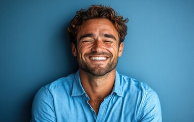 Obraz premium A man with a blue shirt and a smile on his face