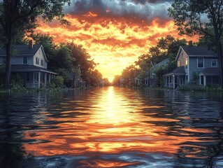 Fototapeta premium Sunset reflects in flooded street with houses; for disaster, climate, nature ads