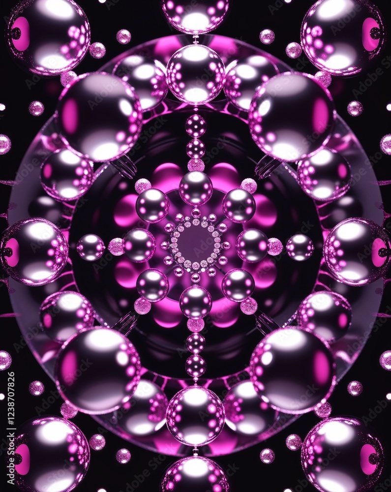 Poster magenta metallic balls arranged in symmetrical circular formations abstract background