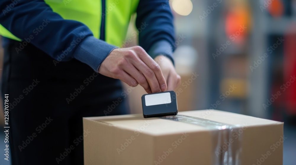 Poster close up of a warehouse worker using an innovative device to apply a label to a cardboard box, strea