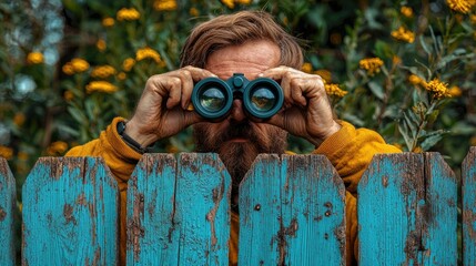 Bearded Man Peeking Over Fence With Binoculars