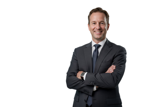 Handsome businessman in formal wear smiling and looking at camera, isolated