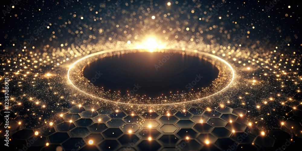 Poster abstract golden glitter hexagon background with glowing circle