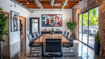 Modern office meeting room relaxed interior design in a wide-angle perspective