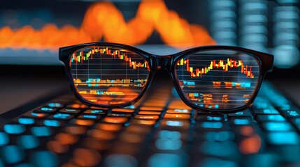 Business professional examining economic cycles with a conceptual overlay of stock performance metrics Stock Photo with side copy space