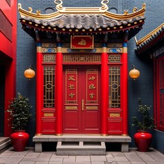 Chinese courtyard house red and gold on plain white background