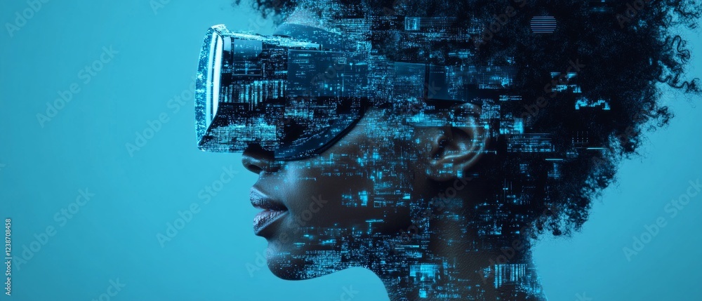Poster individual wearing virtual reality goggles engages with immersive digital content, surrounded by a v