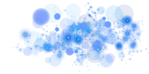 Glowing blue bokeh circles. Christmas background. Powder. Magic shining blue dust. Fine, shiny dust bokeh particles fall off slightly. Fantastic shimmer effect. PNG.