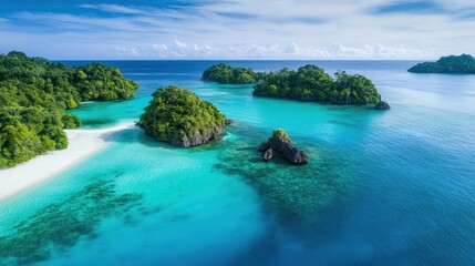 Fototapeta premium An aerial view of a tropical paradise featuring lush greenery, pristine white sand beaches, and crystal-clear turquoise waters, capturing the essence of a perfect getaway.