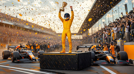 Triumphant Formula 1 Champion Celebrates Victory on the Podium Amidst Cheers and Confetti